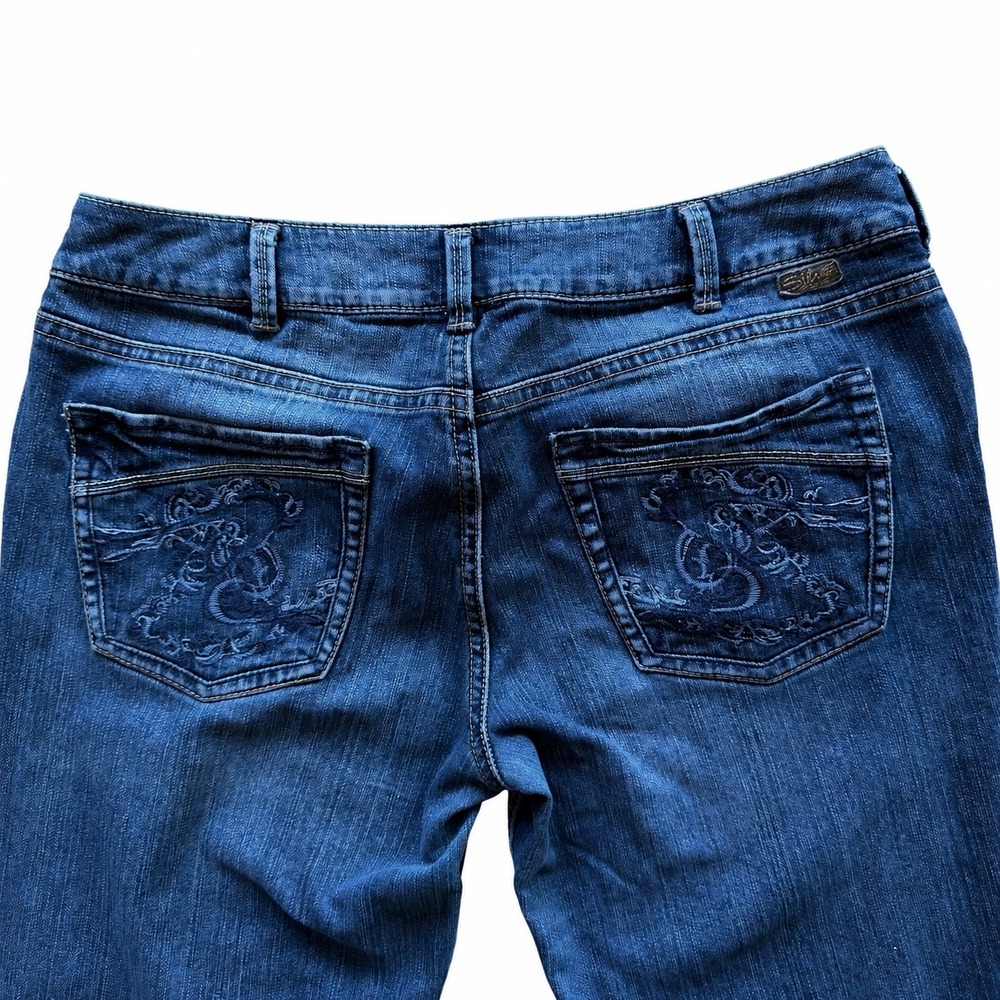 Silver Jeans Co Dark Wash Bootcut Flared Dragon Embroidered Pocket Jeans Hemmed
